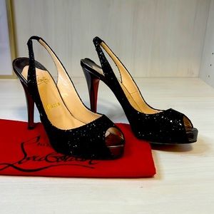 Christian Louboutin black sequin platform slingback size 38.5